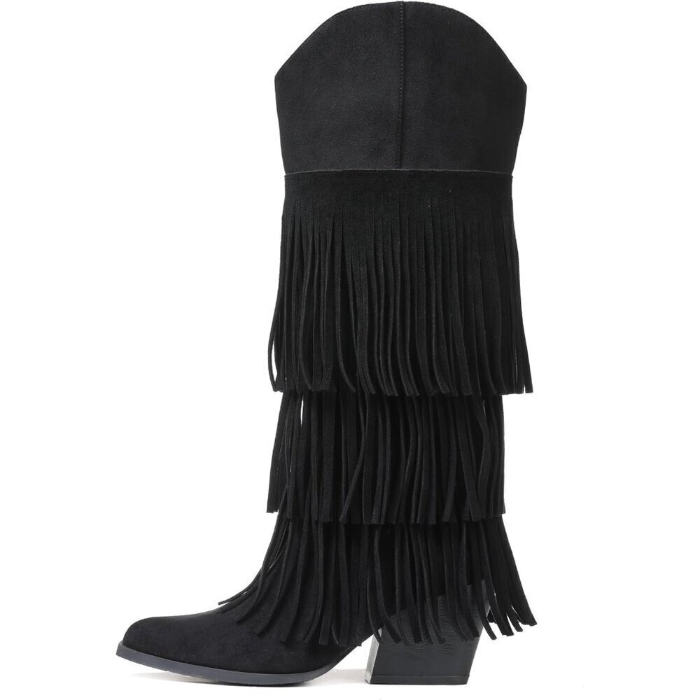 🆕Women Retro Pointed Faux Suede Black Fringe Knee High Western Cowgirl Boot - Picture 7 of 7